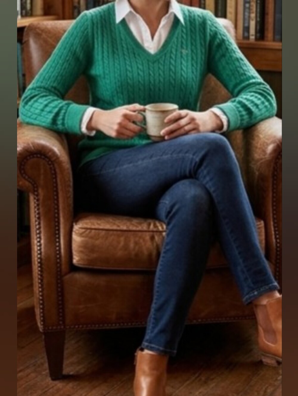 Green V-Neck Cable Knit Sweater, Cotton-Cashmere - Crew Clothing Co Size 12